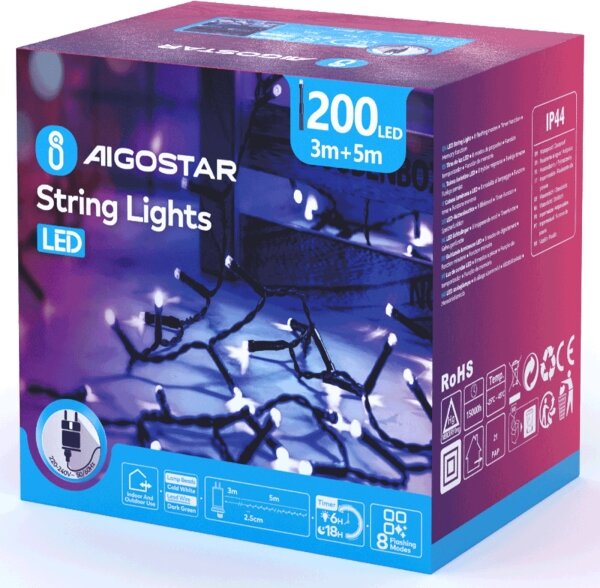 Aigostar - LED Venkovní vánoční řetěz 200xLED/8 funkcí 8m IP44 studená bílá