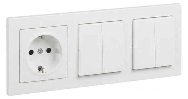 Legrand - 2x Dvojitý vypínač č. 5 a zásuvka domovní SCHUKO s ráme SUNO 250V bílá