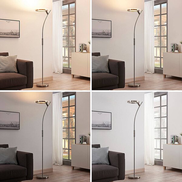 Lindby Stojací lampa LED Darion, šedá, kov, stmívatelná, 180 cm, stmívatelný, Hliník / šedá / zinek, Obývací pokoj / jídelna, kov, Moderní