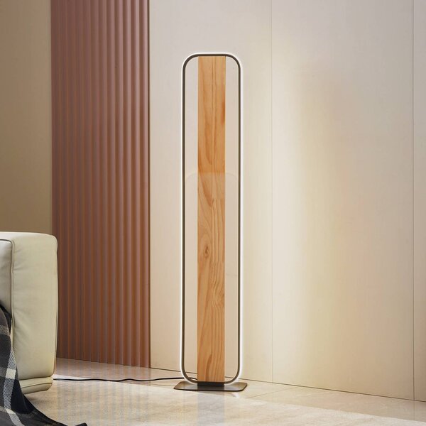 Lindby Stojací lampa LED Romilda, šedá, dřevo, výška 122 cm, Světlé dřevo, Obývací pokoj / jídelna, Venkovský / rustikální