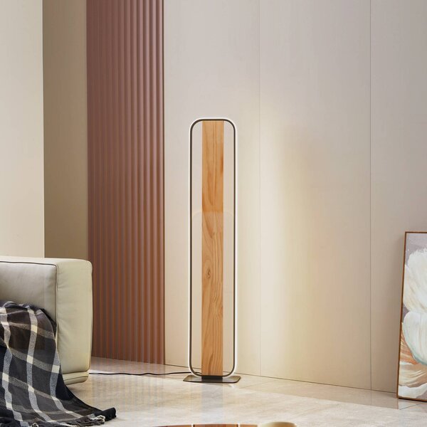 Lindby Stojací lampa LED Romilda, šedá, dřevo, výška 122 cm, Světlé dřevo, Obývací pokoj / jídelna, Venkovský / rustikální
