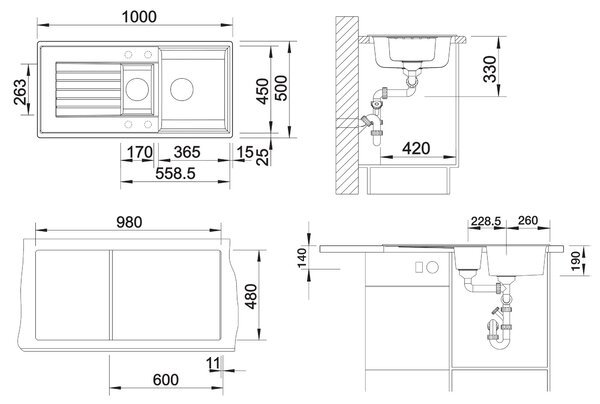 Blanco Zia 6 S, silgranitový dřez 1000x500x190 mm, 1,5-komorový, černá, BLA-526021