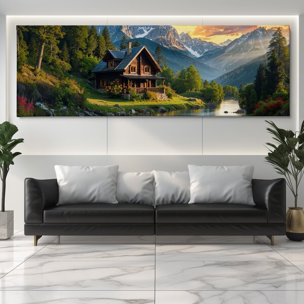Obraz na plátně - V roubené chatce u horské říčky FeelHappy.cz Velikost obrazu (šířka x výška): 150 x 50 cm
