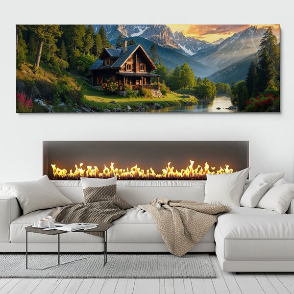 Obraz na plátně - V roubené chatce u horské říčky FeelHappy.cz Velikost obrazu (šířka x výška): 150 x 50 cm