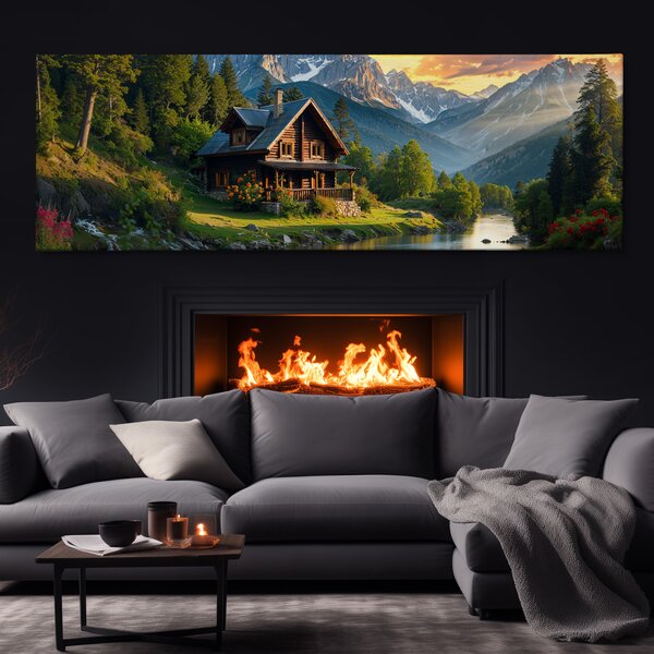 Obraz na plátně - V roubené chatce u horské říčky FeelHappy.cz Velikost obrazu (šířka x výška): 150 x 50 cm