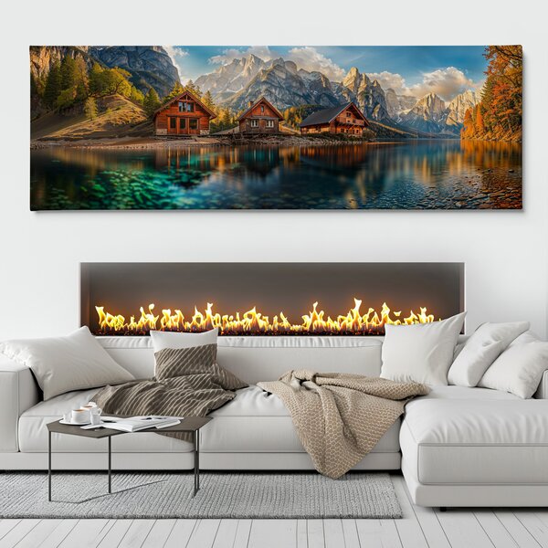 Obraz na plátně - Tři chatky u čistého jezera FeelHappy.cz Velikost obrazu (šířka x výška): 120 x 40 cm