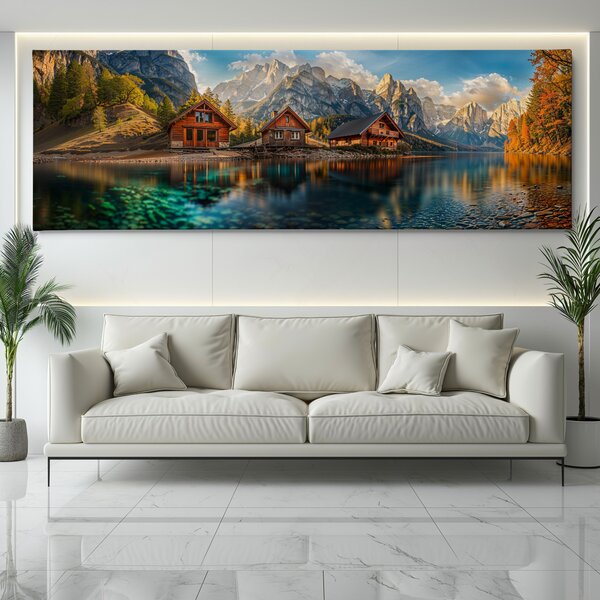 Obraz na plátně - Tři chatky u čistého jezera FeelHappy.cz Velikost obrazu (šířka x výška): 120 x 40 cm