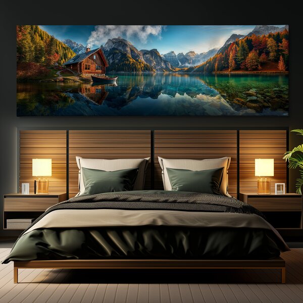 Obraz na plátně - Podzim u jezera ve vyhřáté chatce FeelHappy.cz Velikost obrazu (šířka x výška): 150 x 50 cm