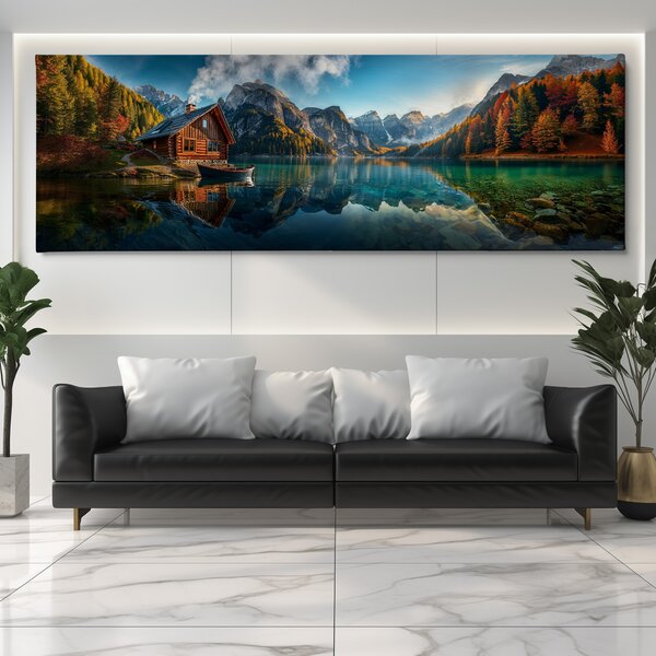 Obraz na plátně - Podzim u jezera ve vyhřáté chatce FeelHappy.cz Velikost obrazu (šířka x výška): 150 x 50 cm