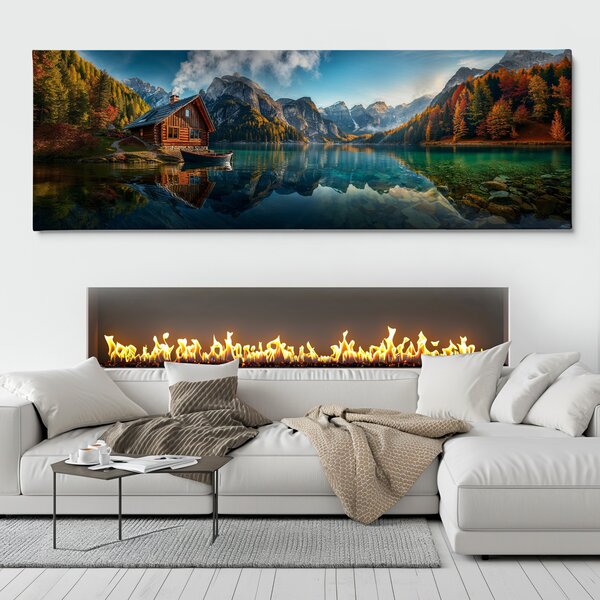 Obraz na plátně - Podzim u jezera ve vyhřáté chatce FeelHappy.cz Velikost obrazu (šířka x výška): 150 x 50 cm