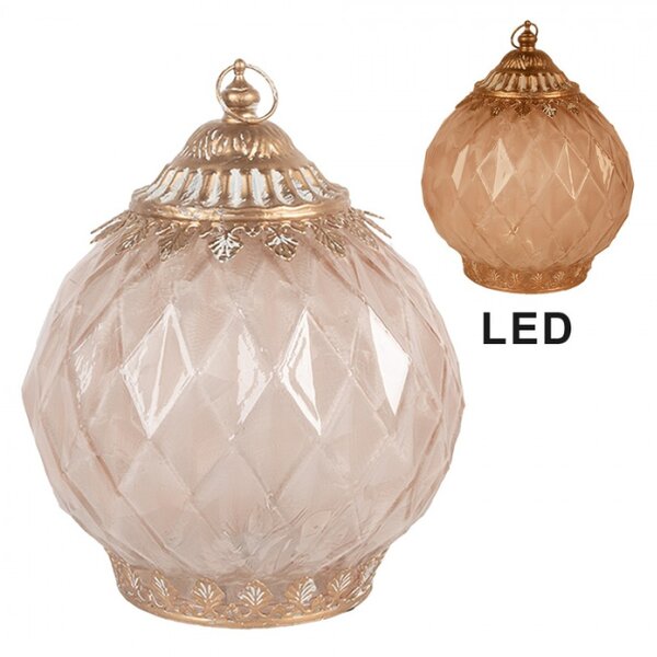 Růžová kulatá skleněná dekorace / lucernička s LED světýlkem Klalies III – 15x19 cm / 2xAAA