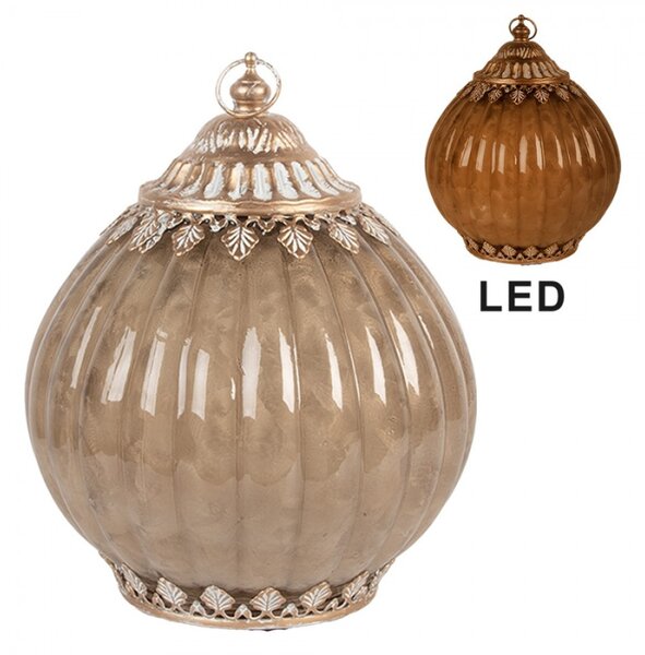 Hnědá kulatá skleněná dekorace / lucernička s LED světýlkem Klalies – 15x19 cm / 2xAAA