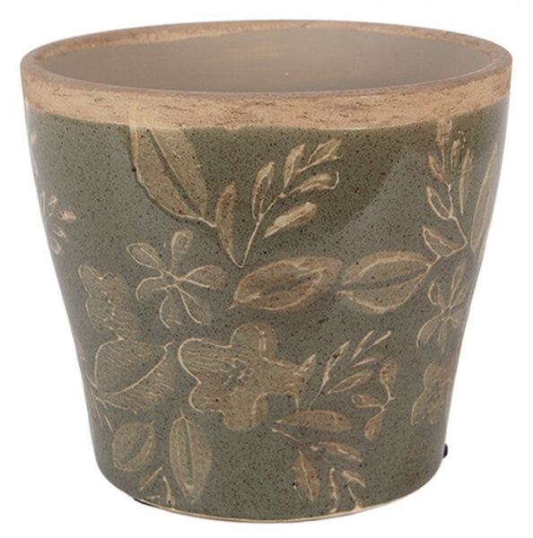 Béžový keramický květináč s květy v šedozelené glazuře Gedeuk M – 12x11 cm