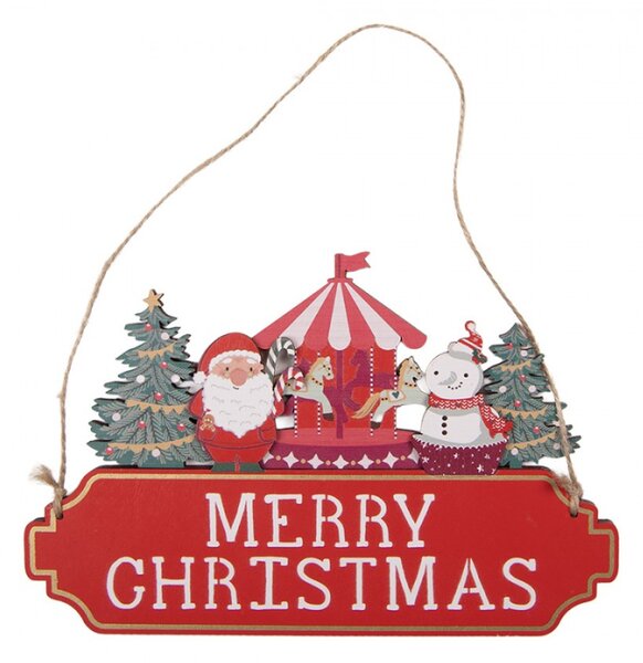 Vánoční závěsná cedulka Santa Claus, kolotoč a sněhulák – 21x1x14 cm