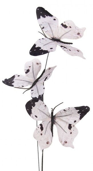Bílo-černý dekorační zápich do květináče motýlci II – 67 cm