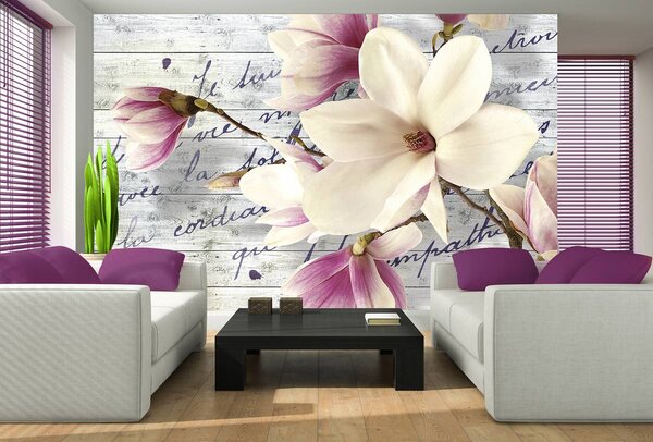 Fototapeta - Magnolie na dřevěných prken (152,5x104 cm)