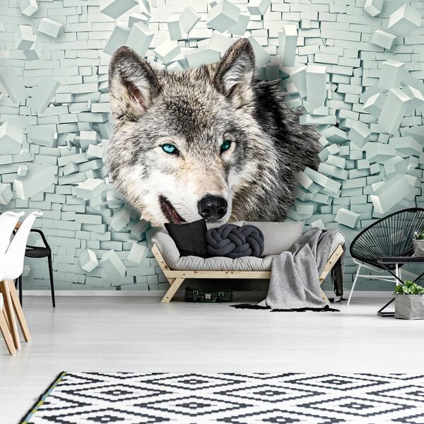 Fototapeta - Vlk vychází ze zdi 3D (152,5x104 cm)