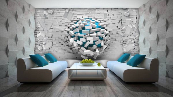 Fototapeta - 3D modrý míč a bílá cihlová zeď (152,5x104 cm)