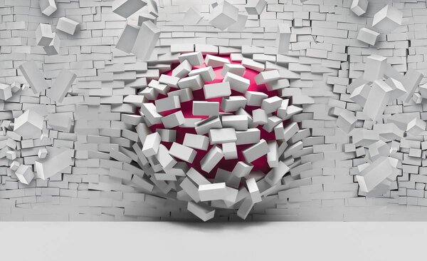 Fototapeta - 3D míč a bílá cihlová zeď (152,5x104 cm)