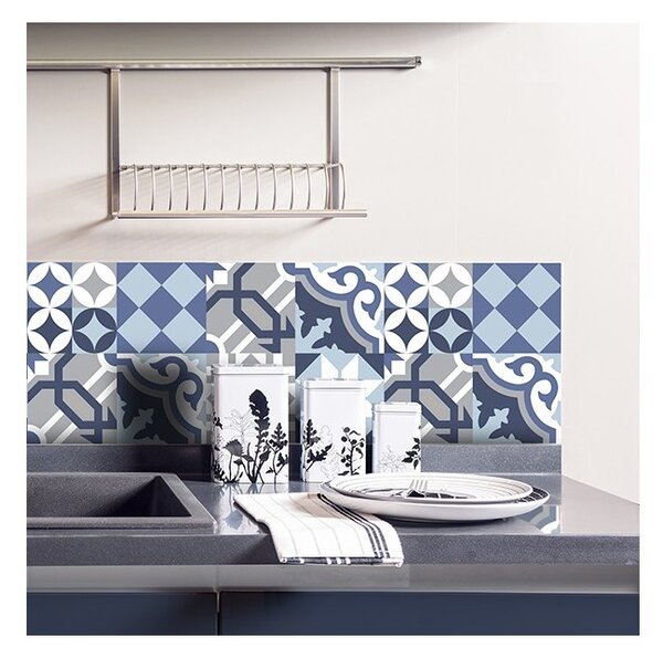 Samolepicí dekorace Crearreda Tile Cover Grey & Blue 31220 Kachlík, šedo-modro-bílé ornamenty