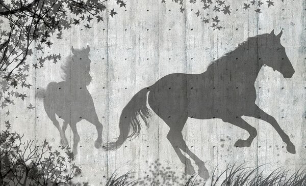 Fototapeta - Stíny koně na šedé zdi (254x184 cm)