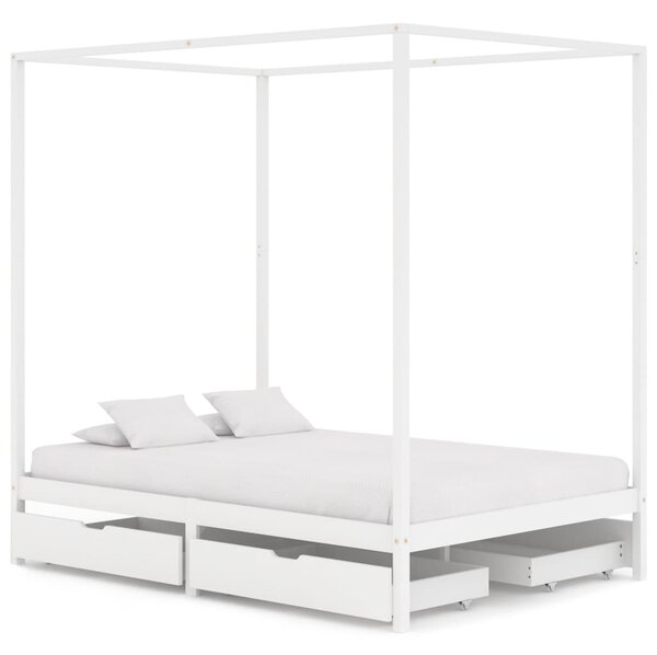 Rám postele s nebesy 4 zásuvky bílý masivní borovice 140x200 cm