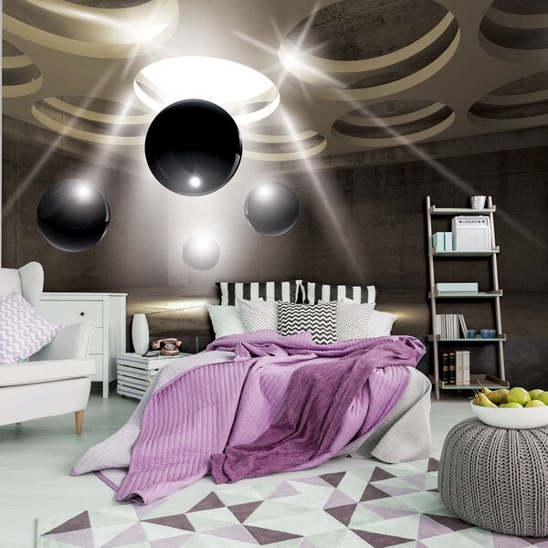 Fototapeta - Černé koule v betonové místnosti (152,5x104 cm)