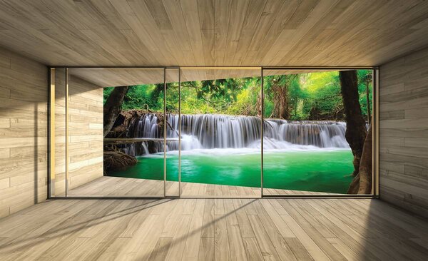 Fototapeta - Výhled na terasu s vodopádem (152,5x104 cm)