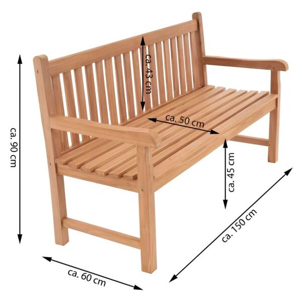 Teaková zahradní lavice 150 cm pro 3 osoby, ošetřený teak