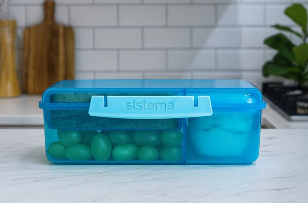Sistema Dělený svačinový box Lunch Bento s nádobou na jogurt a 2 tácky 1,65 l, modrá