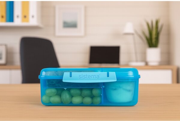 Sistema Dělený svačinový box Lunch Bento s nádobou na jogurt a 2 tácky 1,65 l, modrá