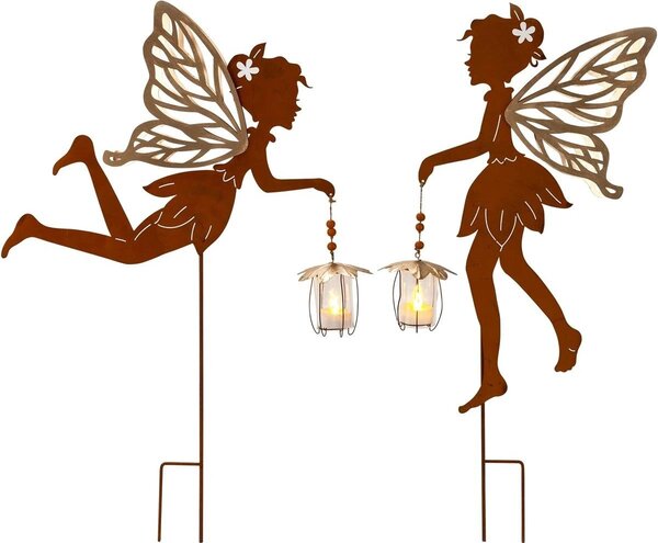 Víla kovová s křídly 58cm set 2 ks s LED lucernou, zahradní zápich