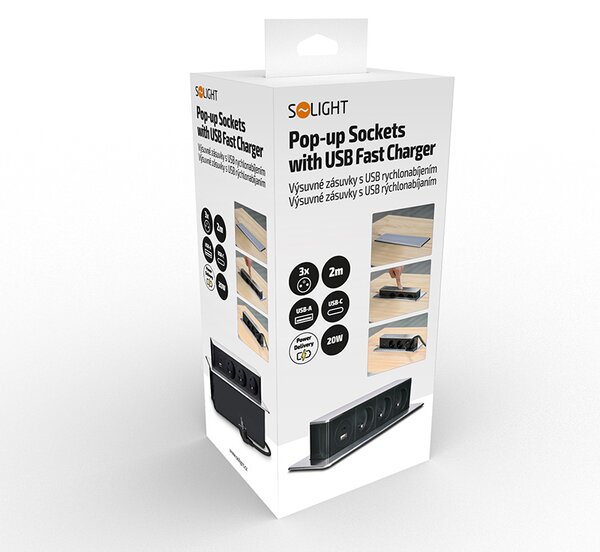 SOLIGHT Výsuvný blok 3 zásuvek, USB A+C 20W PD , 2m, nerez ocel