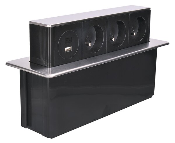 SOLIGHT Výsuvný blok 3 zásuvek, USB A+C 20W PD , 2m, nerez ocel