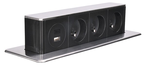 SOLIGHT Výsuvný blok 3 zásuvek, USB A+C 20W PD , 2m, nerez ocel