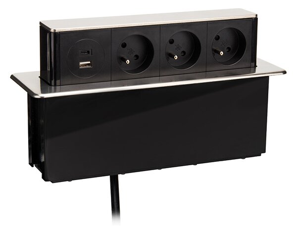 SOLIGHT Výsuvný blok 3 zásuvek, USB A+C 20W PD , 2m, nerez ocel