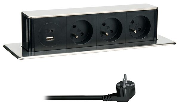 SOLIGHT Výsuvný blok 3 zásuvek, USB A+C 20W PD , 2m, nerez ocel