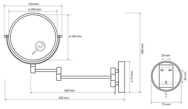 Sapho X-ROUND WHITE kosmetické zrcátko závěsné, Ø 200mm, oboustranné, bílá mat XR006W