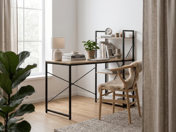 Psací stůl s regálem LOFTY 120x60 cm, černý / dekor dub