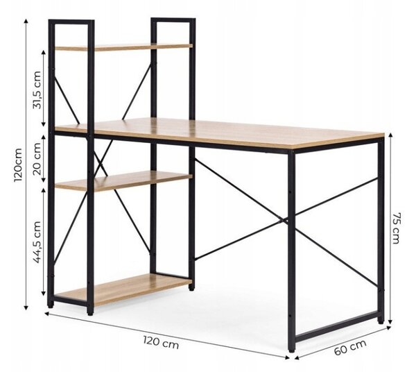 Psací stůl s regálem LOFTY 120x60 cm, černý / dekor dub