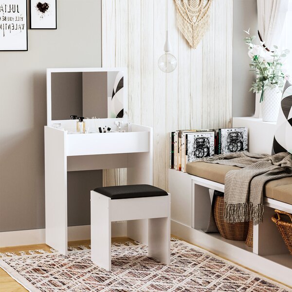 HOMCOM Skládací Toaletní Stolek se Zrcadlem, Moderní Toaletní Stolek se Stoličkou a Úložným Prostorem (10 Přihrádek), Bílý MDF, 60,2 x 40,2 x 79 cm |