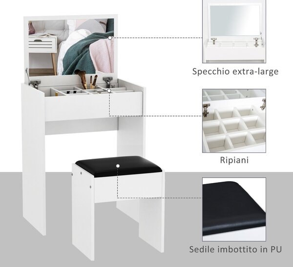 HOMCOM Skládací Toaletní Stolek se Zrcadlem, Moderní Toaletní Stolek se Stoličkou a Úložným Prostorem (10 Přihrádek), Bílý MDF, 60,2 x 40,2 x 79 cm |
