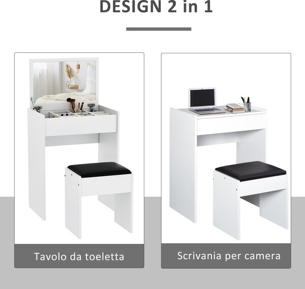 HOMCOM Skládací Toaletní Stolek se Zrcadlem, Moderní Toaletní Stolek se Stoličkou a Úložným Prostorem (10 Přihrádek), Bílý MDF, 60,2 x 40,2 x 79 cm |