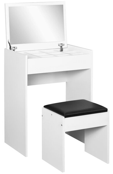 HOMCOM Skládací Toaletní Stolek se Zrcadlem, Moderní Toaletní Stolek se Stoličkou a Úložným Prostorem (10 Přihrádek), Bílý MDF, 60,2 x 40,2 x 79 cm |