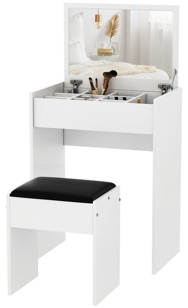 HOMCOM Skládací Toaletní Stolek se Zrcadlem, Moderní Toaletní Stolek se Stoličkou a Úložným Prostorem (10 Přihrádek), Bílý MDF, 60,2 x 40,2 x 79 cm |