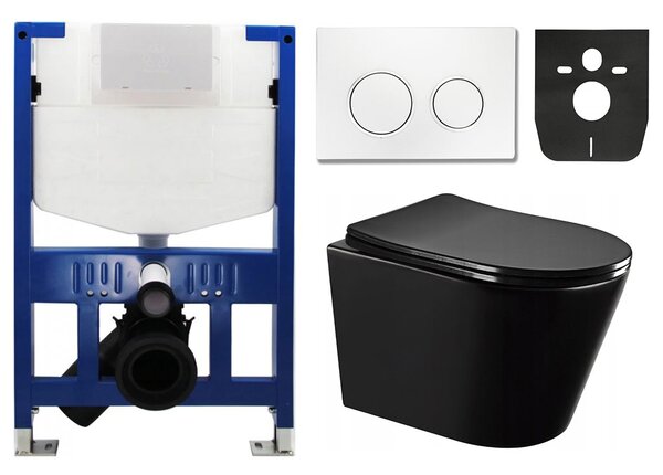 Mexen Fenix XS-F rám podomítkový do WC - 60800 + Mexen Fenix 07 XS tlačítko pro splachování - bílá + Mexen Rico WC mísa Rimless, WC sedátko se zpomalovacím mechanismem, Slim, duroplast - černá matná - 30721085