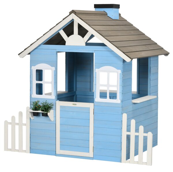 Dětský dřevěný domeček Outsunny pro venkovní hraní pro děti 3-7 let s dveřmi, okny, truhlíky a bočními ploty 151x112,5x142 cm Modrá | Aosom
