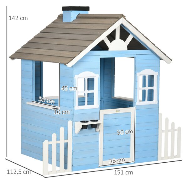 Dětský dřevěný domeček Outsunny pro venkovní hraní pro děti 3-7 let s dveřmi, okny, truhlíky a bočními ploty 151x112,5x142 cm Modrá | Aosom