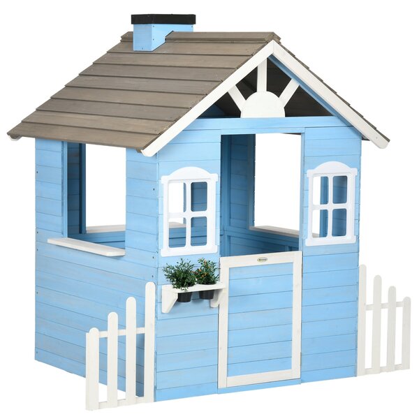 Dětský dřevěný domeček Outsunny pro venkovní hraní pro děti 3-7 let s dveřmi, okny, truhlíky a bočními ploty 151x112,5x142 cm Modrá | Aosom