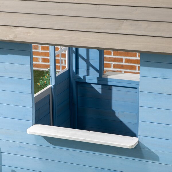 Dětský dřevěný domeček Outsunny pro venkovní hraní pro děti 3-7 let s dveřmi, okny, truhlíky a bočními ploty 151x112,5x142 cm Modrá | Aosom